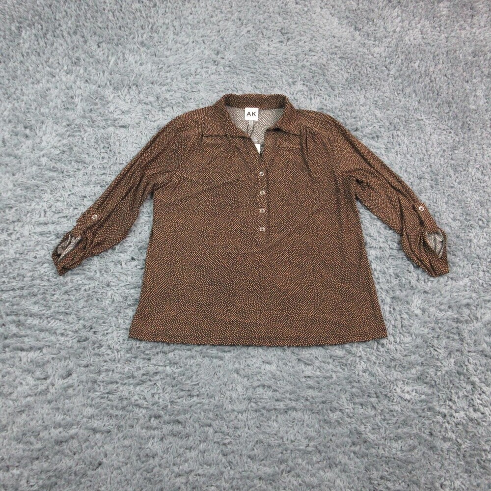 Anne Klein Blouse Shirt Womens Petite PM Brown Polka Dot 3/4 Sleeve Roll Tab NWT